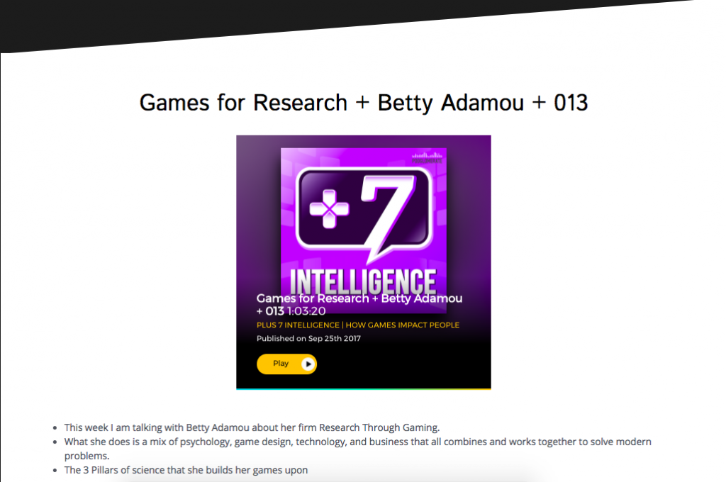 Image of +7 intelligence podcast logo for Betty Adamou Research Through Gaming interview with Ches Hall